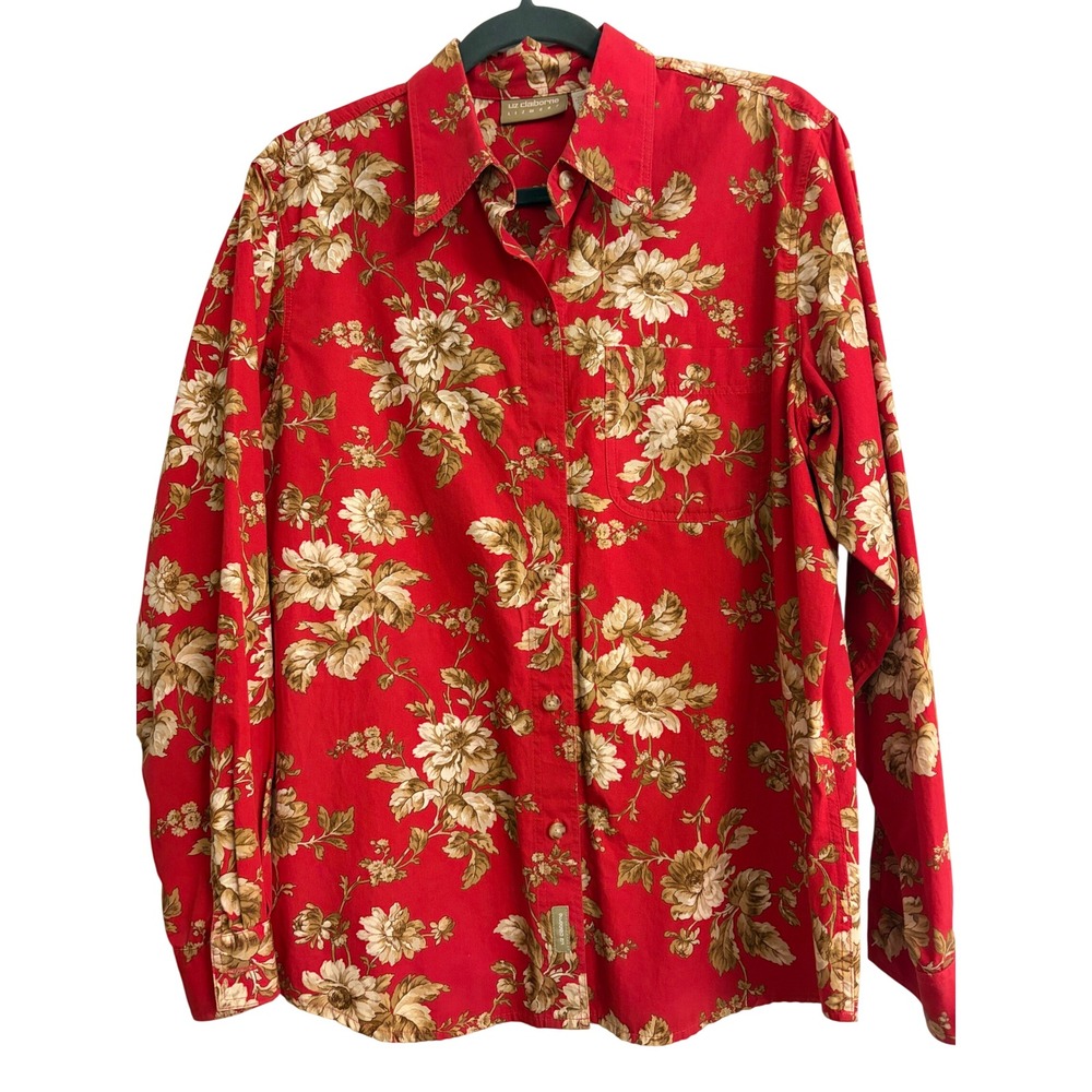 Liz Claiborne Button Down M Red Floral, Vintage, 90s, Cotton, Blouse, Long Slv